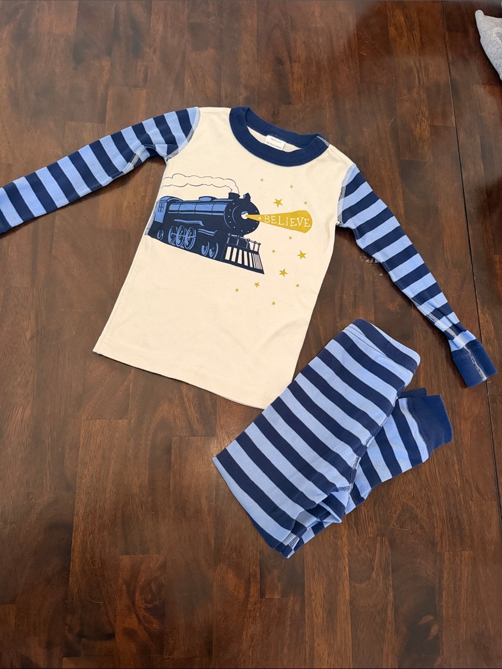 Hanna Andersson Blue Striped Polar Express Train Pajama Set